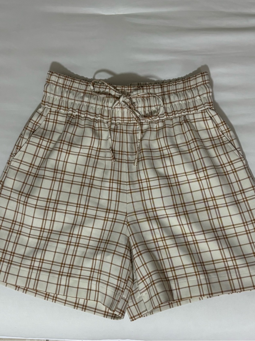 Melrose and Market Cream Plaid Paperbag Waist Shorts